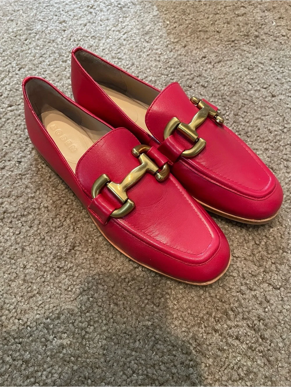 NWOT Boden Iris Red Leather Loafers with Gold-Tone Horsebit, Size 39 (8)